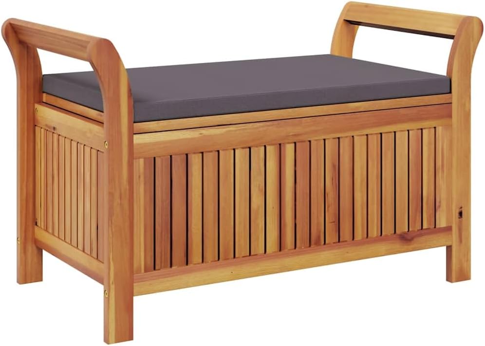 Outdoor Storage Bench with Cushion, Acacia Wood Garden Entryway Seating with Ample Interior Storage Space, 35.8-inch Deck Box Seat for Patio Porch Backyard