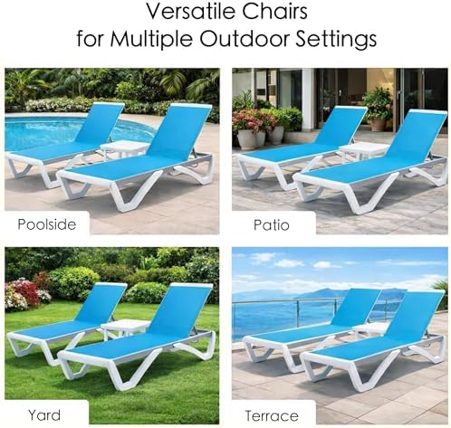 Kozyard Outdoor Chaise Lounge Chair, Full Flat Adjustable Patio Lounger with Aluminum Frame & Resin Legs, Textilene Fabric for Poolside, Backyard & Beach (Aqua, 2Chairs + Table)