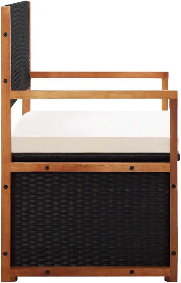 45.3" Storage Bench for Patio Garden, Poly Rattan Outdoor Bench with Large Storage Box and Solid Acacia Wood Accents, 2-Seat Deck Furniture with Comfortable Cushion, Black