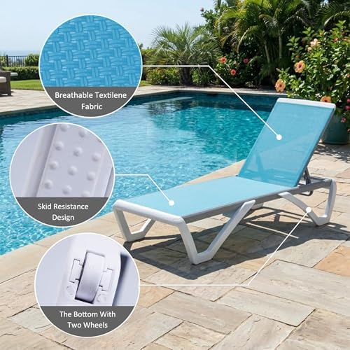 Kozyard Outdoor Chaise Lounge Chair, Full Flat Adjustable Patio Lounger with Aluminum Frame & Resin Legs, Textilene Fabric for Poolside, Backyard & Beach (Aqua, 2Chairs + Table)