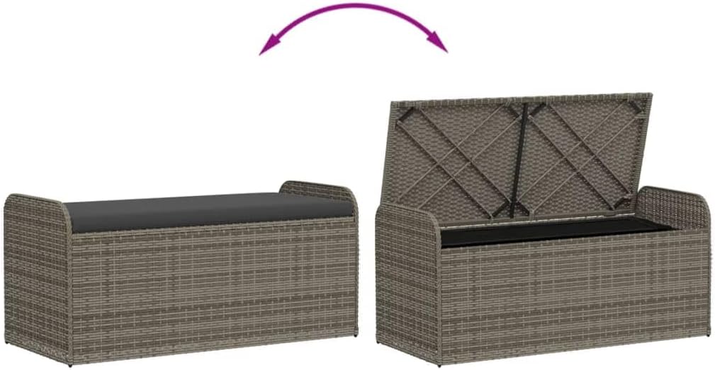 Poly Rattan Outdoor Storage Bench with Cushion Gray, 45.3"x20.1"x20.5", Patio Seat with Water-Proof Bag and Gas Spring