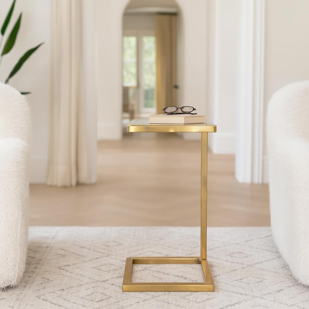 Home Decor End Table, Side Table, or Night Stand - Metal C-Shaped Accent Table with Marble Top Perfect for Big or Small Spaces - A Modern Accent for Office, Bedroom, or Living Room - 24" White & Gold