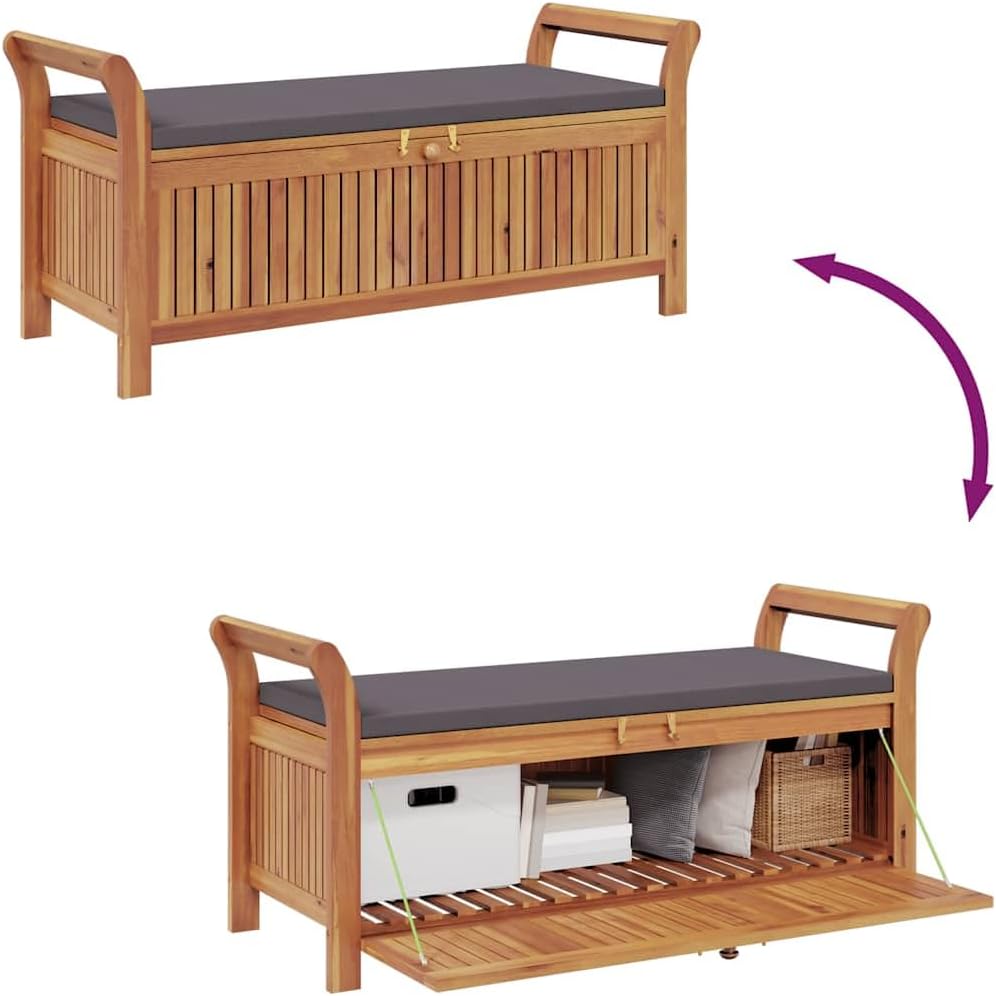 Outdoor Storage Bench with Cushion 49.6 Inch Acacia Wood Garden Seating Organizer for Patio Deck Backyard Gray