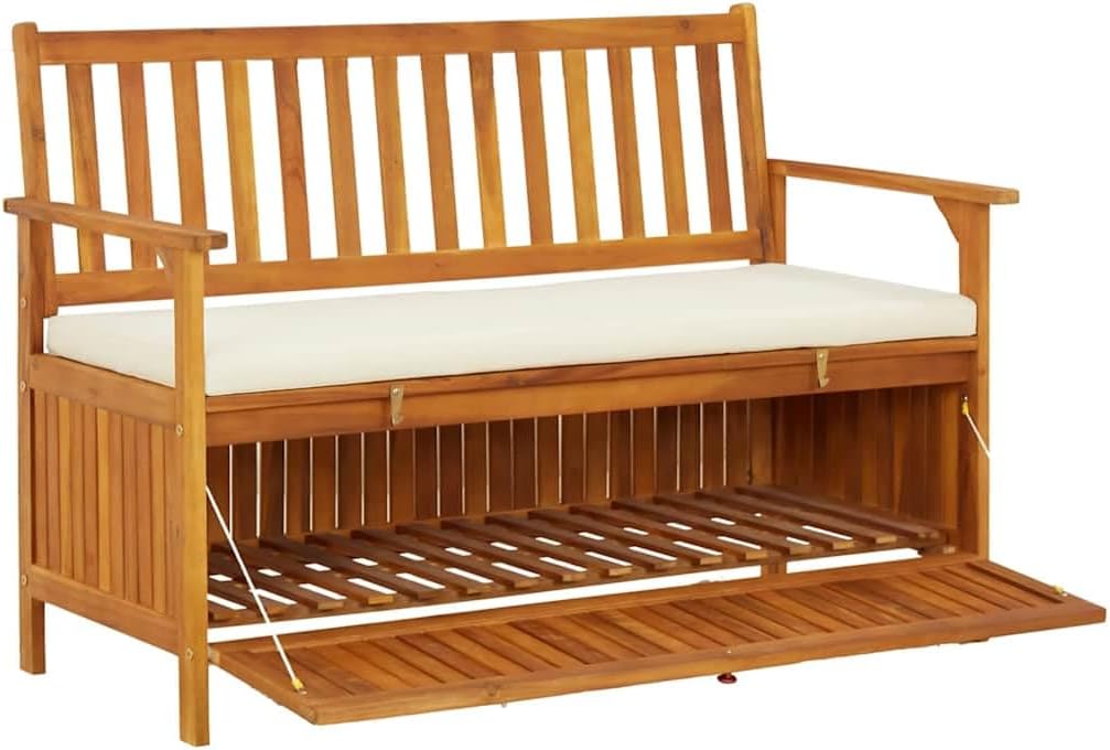 Patio Storage Bench Solid Acacia Wood with Cushion 47.2"x24.8"x33.1" Rustic Outdoor Bench Seat for Garden Porch Furniture with Storage Compartment