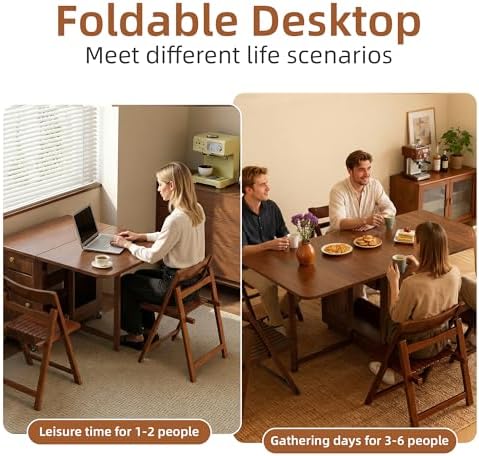 Drop Leaf Table and Chairs - 59" Fully Assembled Folding Dining Table 4-6 Seater with Storage and Lockable Wheels, Space-Saving Set with 4 Chairs for Kitchen or Dining Room (Walnut)