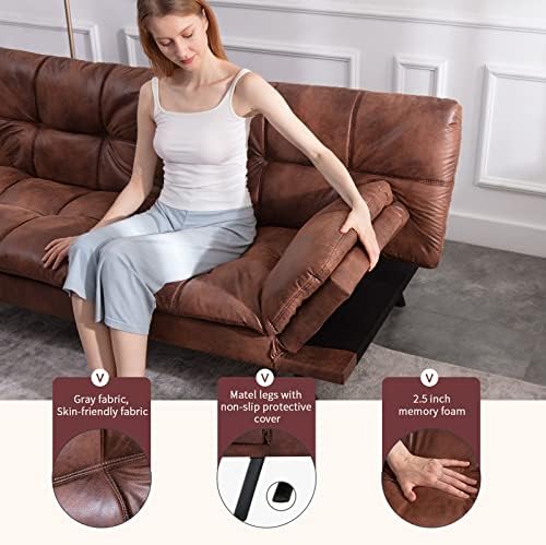 Opoiar Leather Futon Sofa Bed,Convertible Memory Foam Couch Bed,Futon Sets Daybed with Mattress Included,Folding Modern Sleeper Sofa Love seat for RV Car Living Room&Bedroom Small Space,Brown