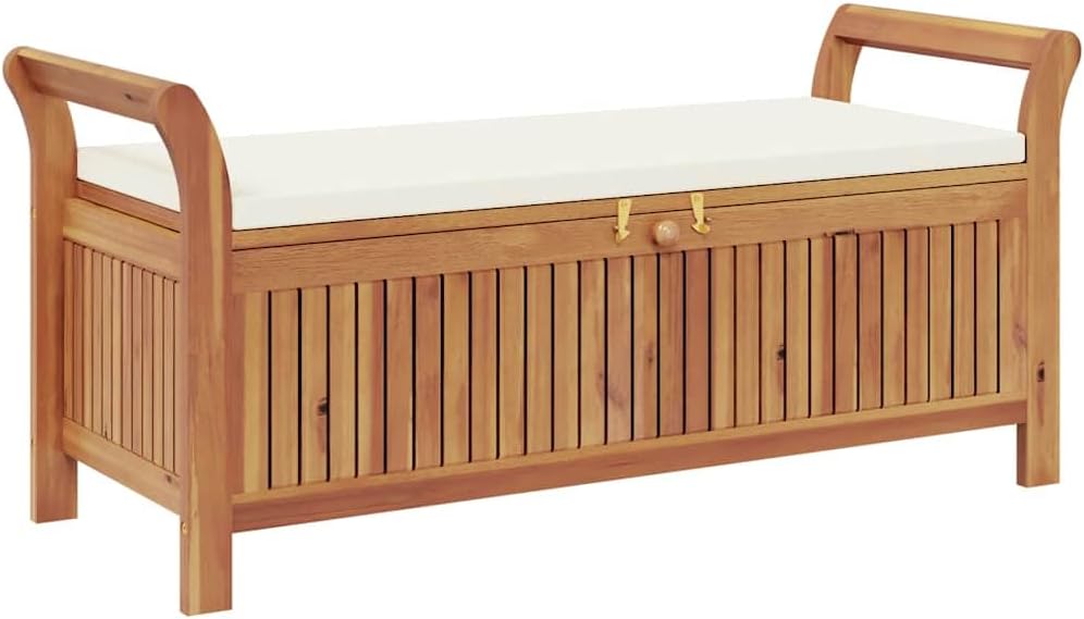 Outdoor Storage Bench with Cushion, Acacia Wood Garden Deck Box for Patio Seating, Cream White, 49.6 x 19.7 x 23.6 Inches