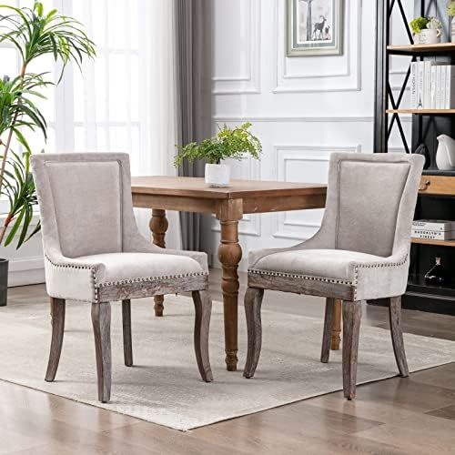 Modern Dining Chairs Set of 2, Fabric Upholstered High Back Chairs with Nailhead Trim and Curved Solid Wood Legs, Sillas de Comedor Accent Chairs for Dining Room, Beige