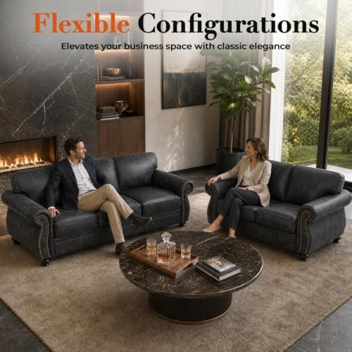 Couchus 88" W 3-Seater Sofa Couch, Faux Leather Fabric Sofas, Grey | Mid-Century Vintage 3-Seater Sofa with Nailhead Trim, Upholstered Couch Set for Living Room Bedroom