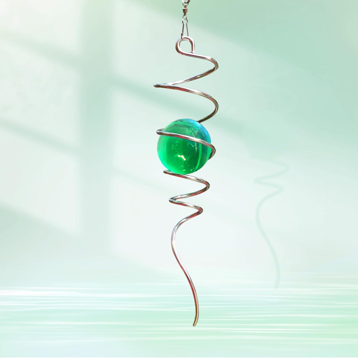 Wind Spinner Tail, Wind Spinners Stabilizer with Green Glass Orb, Gazing Ball Spiral, Sun Catcher Rainbow Maker Hanging Decoration Decor for Yard Garden, Saint Patrick's Day Gift Ideas
