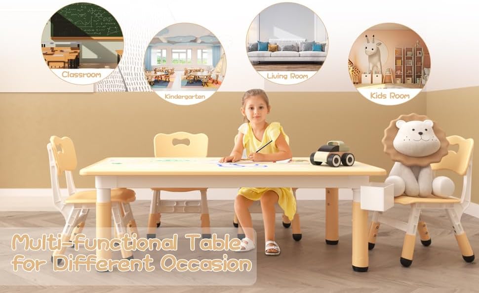 Jojoka Kids Table and 6 Chairs Set, Adjustable Toddler Activity Table Set, Wipe-Clean Desktop, Non-Slip Legs, Height Adjustable Kids Furniture for Home, Preschool, Daycare, Ages 2-10-Natural