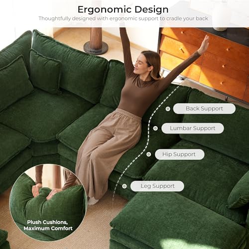 ELUCHANG 114" Oversized Modular Sectional Sofa, Comfy Chenille Cloud Couch, 6-Seater V Shaped Modern Deep Seat Sofa w/Removable Covers for Living Room, Bedroom, DIY Combination - Green