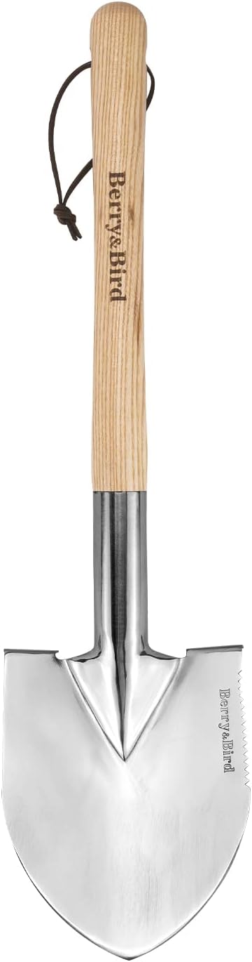 Berry&Bird Short Hand Shovel, 19.8’’ Digging Trowel for Gardening with Wood Handle Stainless Steel Round Point Spade Shovel with Serrated for Cutting, Transplanting & Weeding
