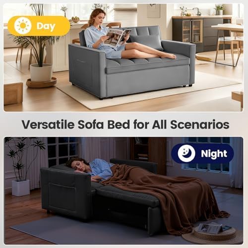 54" Convertible Sofa Bed with Adjustable Backrest, Dark Gray | Soft Velvet Sleeper Loveseat with Pull out Bed, Adjustable Backrest, Side Pockets, Ideal for Apartments and Guest Rooms