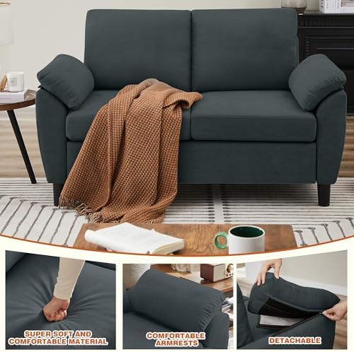 3 Pieces Sectional Sofa Set, 79" Modern L Shaped Couch & 57" Loveseat & 35" Accent Chair, Linen Upholstered Sofa Set with Movable Ottoman, Couches for Living Room, Apartment, Dark Grey