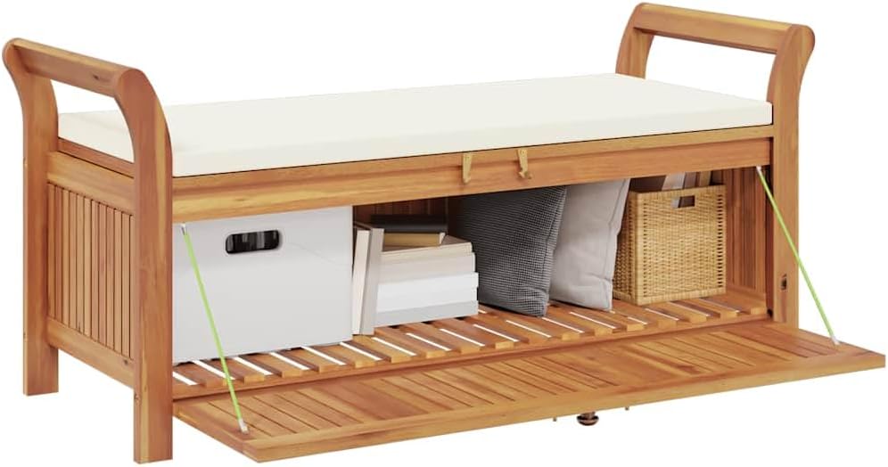 Garden Storage Bench, 49.6 Inch Solid Acacia Wood Outdoor Storage Box with Cream White Cushion, Large Wood Deck Box for Patio Seating and Yard Organization, Natural Oiled Finish