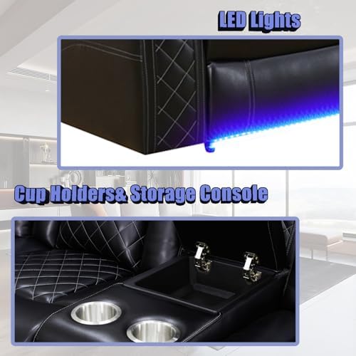 Power Recliner Sofa Sets, Living Room Furniture Sets, Black Modern Power Reclining Sofa, Loveseat and Chair with Cup Holders/Storage Console/LED Light for Living Room