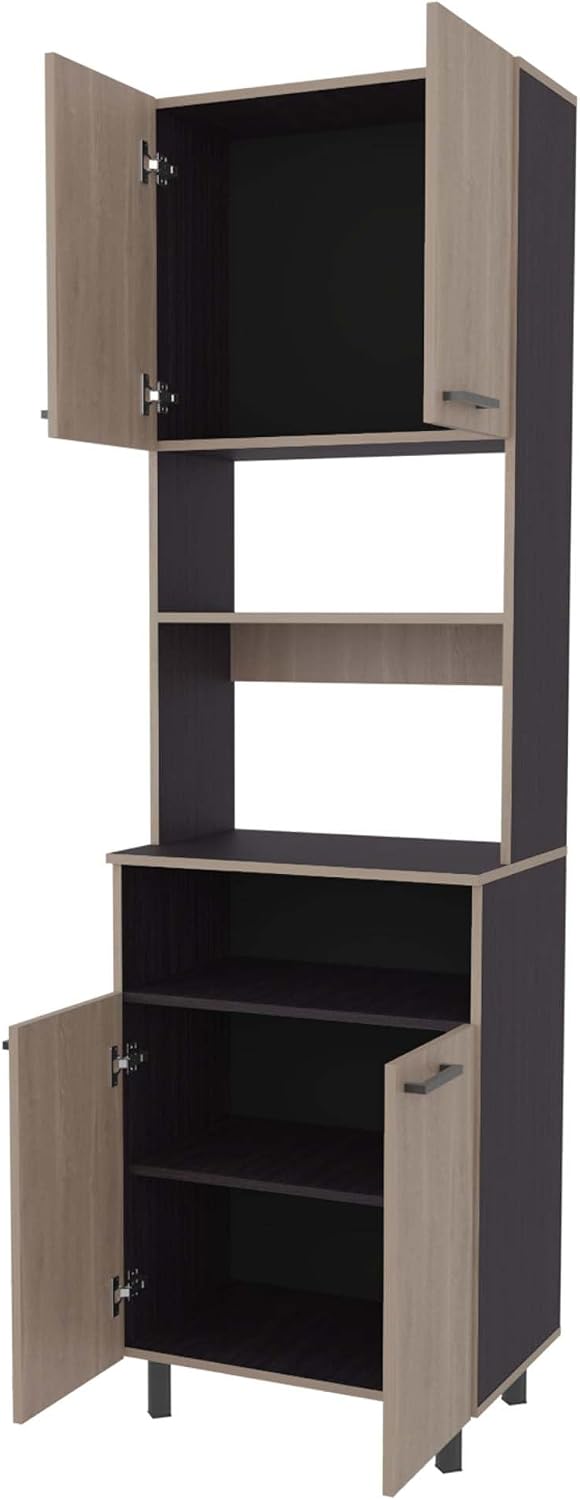 White Oak and Wengue Kitchen Pantry with Open Storage and 4 Doors | Combines white oak and wengue finishes with four doors and open storage