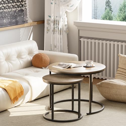aboxoo Coffee Table Nesting Side Round Table Set of 2 End Table with Sturdy Metal Frame for Living Room Bedroom Apartment Modern Industrial Simple Nightstand,Oak