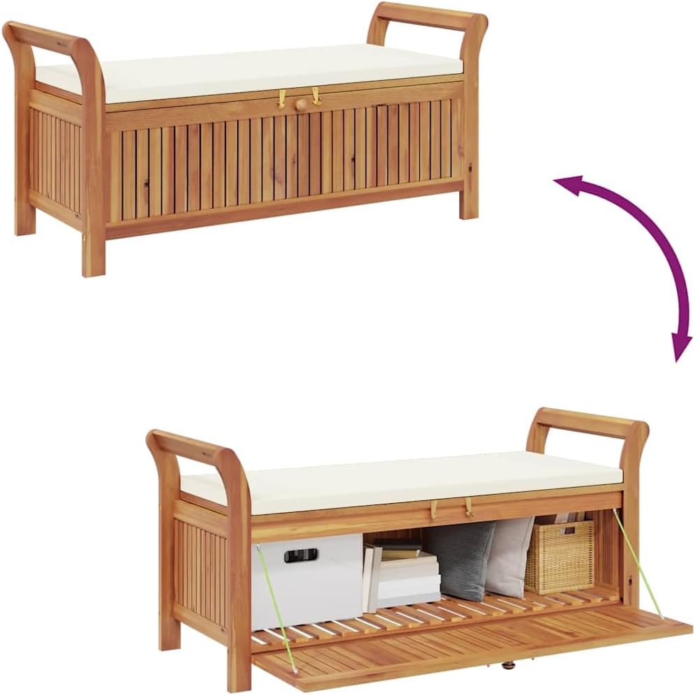 Garden Storage Bench, 49.6 Inch Solid Acacia Wood Outdoor Storage Box with Cream White Cushion, Large Wood Deck Box for Patio Seating and Yard Organization, Natural Oiled Finish