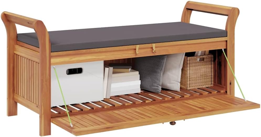 Acacia Wood Outdoor Storage Bench with Cushion, 49.6" Patio Storage Bench with Curved Arms, Garden Seat for Pillows and Blankets