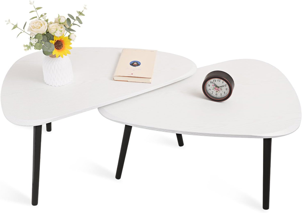 Nesting Triangle Coffee Table End Tables Set of 2 for Living Room Bedroom, Industrial Small Stacking Side Tables for Couch, White