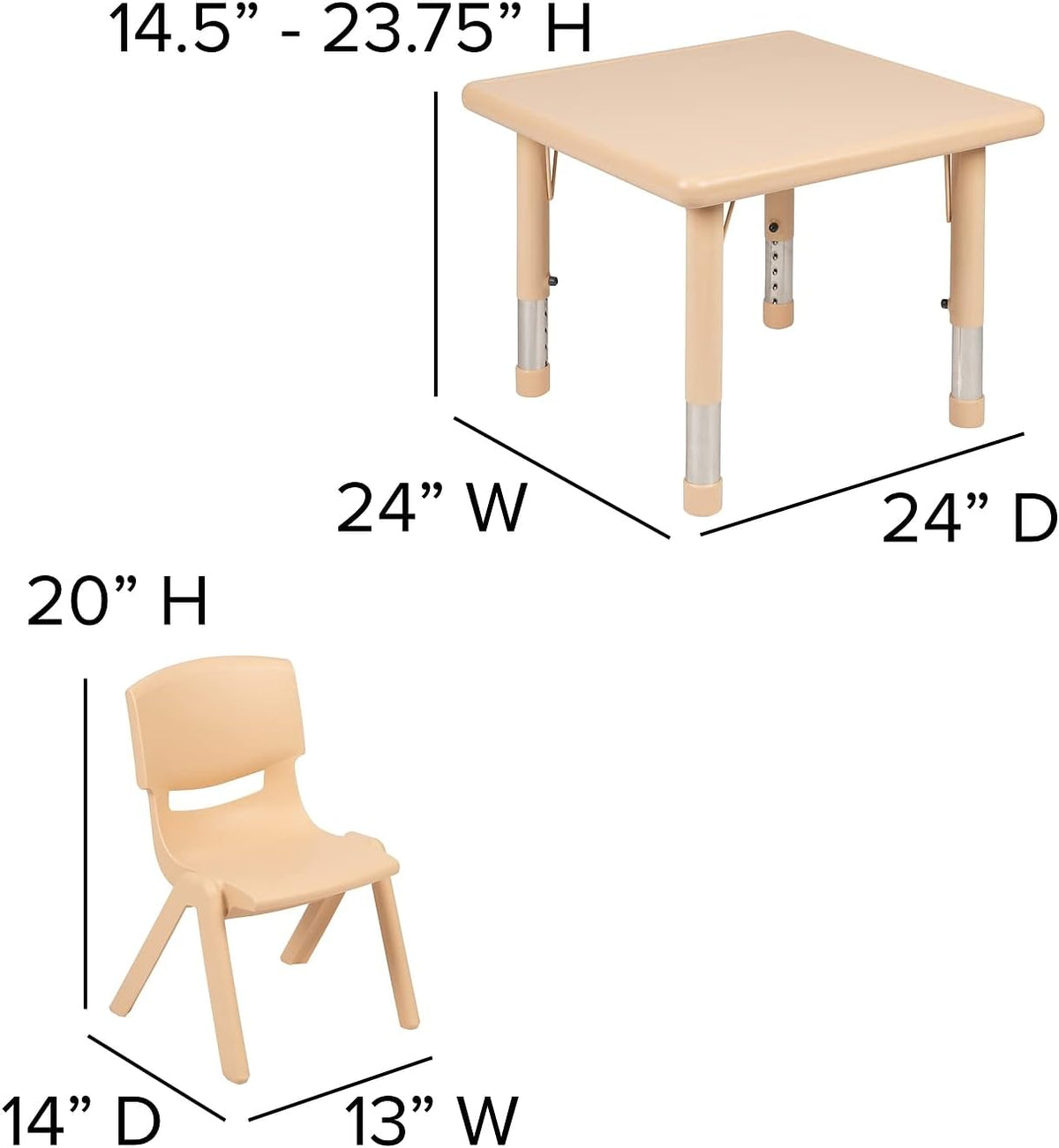 Flash Furniture 24 in Plastic Square Activity Table with 4 Chairs, Natural | Height Adjustable Table, Plastic, Durable Construction, Commercial Use