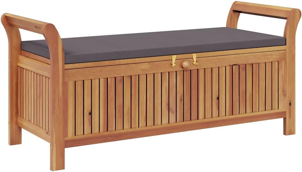 Outdoor Storage Bench with Cushion 49.6 Inch Acacia Wood Garden Seating Organizer for Patio Deck Backyard Gray