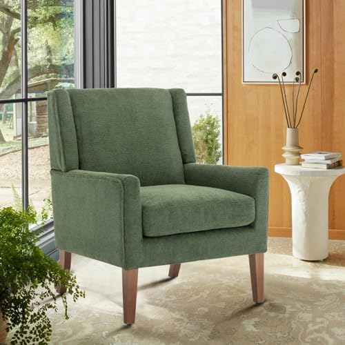 COLAMY Modern Wingback Living Room Chair, Upholstered Fabric Accent Armchair, Single Sofa Chair with Lounge Seat and Wood Legs for Bedroom/Office/Reading Spaces, Green