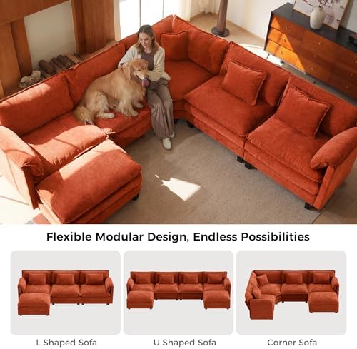 ELUCHANG 114" Oversized Modular Sectional Sofa, Comfy Chenille Cloud Couch, 6-Seater V Shaped Modern Deep Seat Sofa w/Removable Covers for Living Room, Bedroom, DIY Combination - Terracotta
