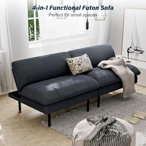 Ribilake 2 Sets 70" Futon Sofa Bed, 4 in 1 Multi-Function Couch Sleeper with Adjustable Backrest, Modern Convertible Futon, Recliner Small Loveseat for Living Room, Grey