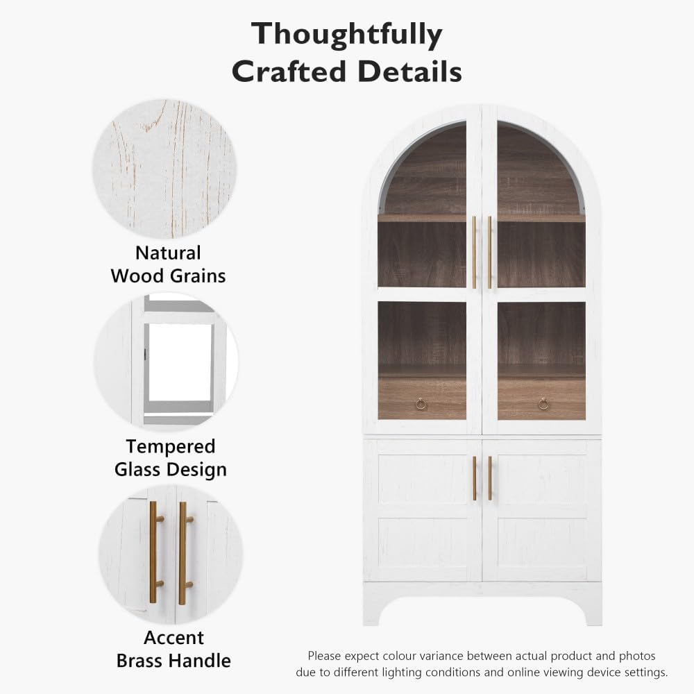 71 Inch Farmhouse Kitchen Pantry Storage Cabinet with Doors, Open Shelf, Hidden Drawer, Adjustable Shelves, Glass Door, Cupboard for Dining Room (Retro White Arched Pantry Cabinet+ MDF)