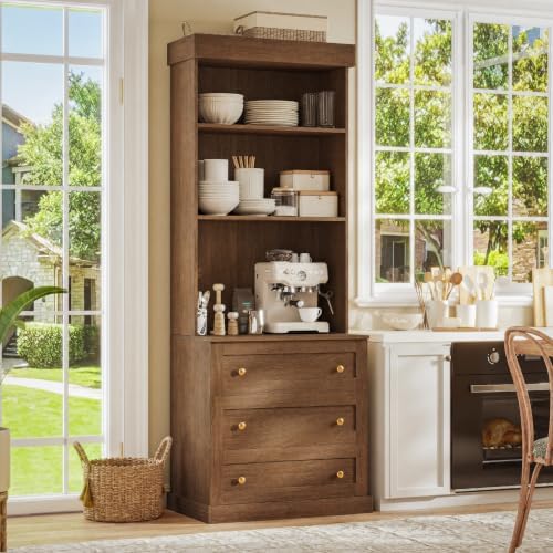 71" Farmhouse Kitchen Pantry Cabinet with Drawers, Set of 4 – Dark Brown Freestanding Coffee Bar Hutch with Adjustable Shelves, Large Storage Cabinet with Microwave Stand for Living Room & Kitchen