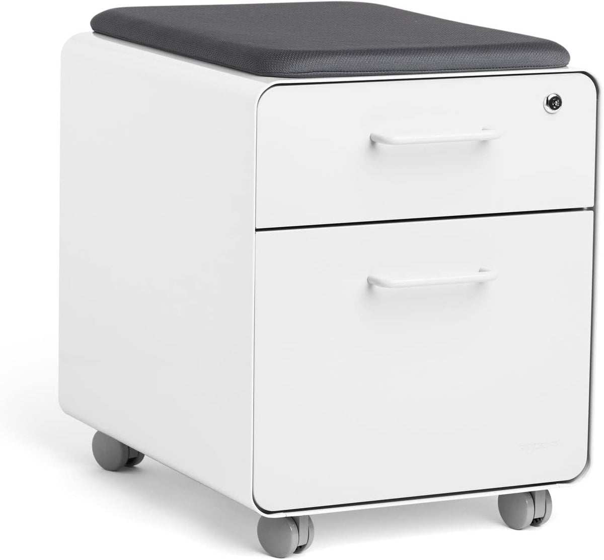 Poppin Mobile Mini Sittable Stow Rolling File Cabinet - White with Dark Gray Seat Cushion. Two Locking Drawers and One Key Lock. Two Keys Included. One Utility Drawer and One Hanging File Drawer