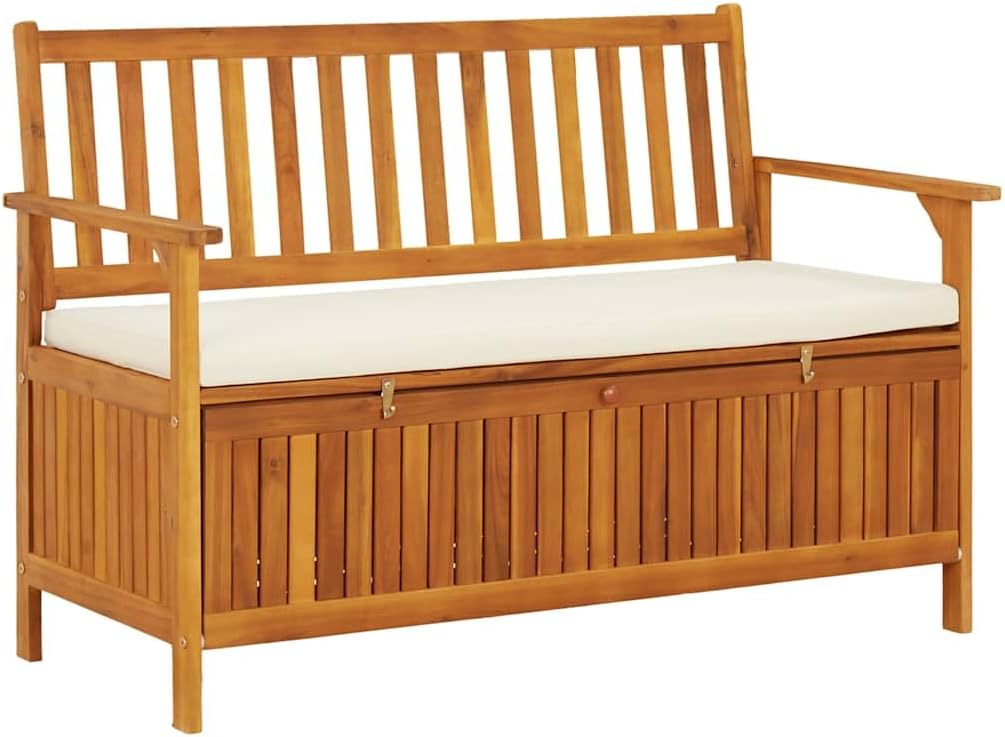 Patio Storage Bench Solid Acacia Wood with Cushion 47.2"x24.8"x33.1" Rustic Outdoor Bench Seat for Garden Porch Furniture with Storage Compartment