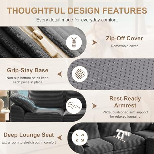 Upgraded Couch with Storage, Sectional Couches for Living Room, L-Shaped Modular Cloud Corduroy Sofa with Ottoman & Pillows, Oversized Deep Seat Memory Foam Couch, No Assembly(Gray, 107" L)