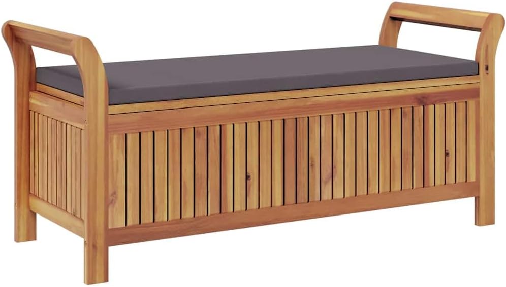 Garden Storage Bench, Solid Acacia Wood Outdoor Storage Box Seat with Dark Grey Cushion, 2-Seater Patio Deck Furniture with Under-Seat Organizer, Brown Finish, 50in