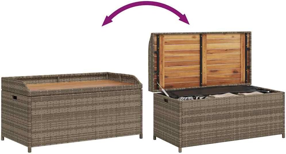Storage Bench for Patio and Garden, Grey Poly Rattan and Solid Acacia Wood Outdoor Deck Box, 2-Person Seating Bench with Gas Spring Lid for Backyard, 39.4 x 19.7 Inches