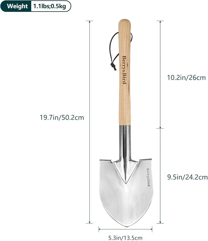 Berry&Bird Short Hand Shovel, 19.8’’ Digging Trowel for Gardening with Wood Handle Stainless Steel Round Point Spade Shovel with Serrated for Cutting, Transplanting & Weeding