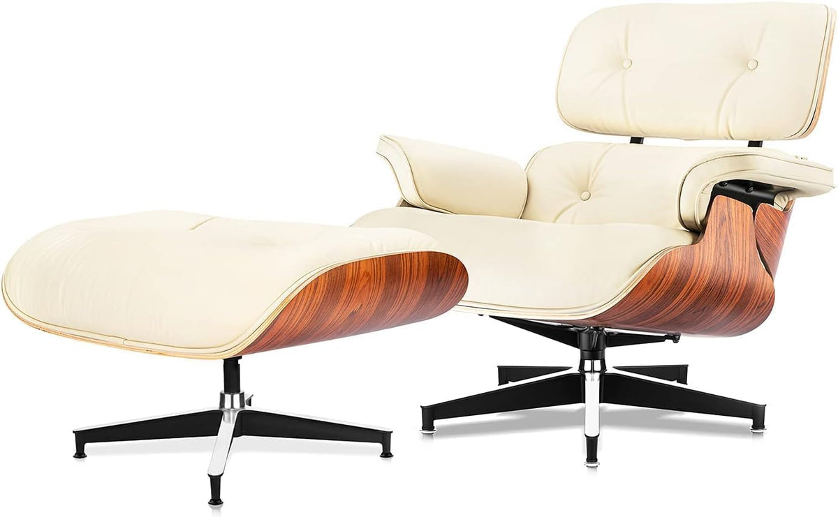Top Black Grain Leather, Mid Century Chaise Lounge Chair and Ottoman, Modern Chair Classic Design, Ash Wood, Heavy Duty Base Support for Living Room Office