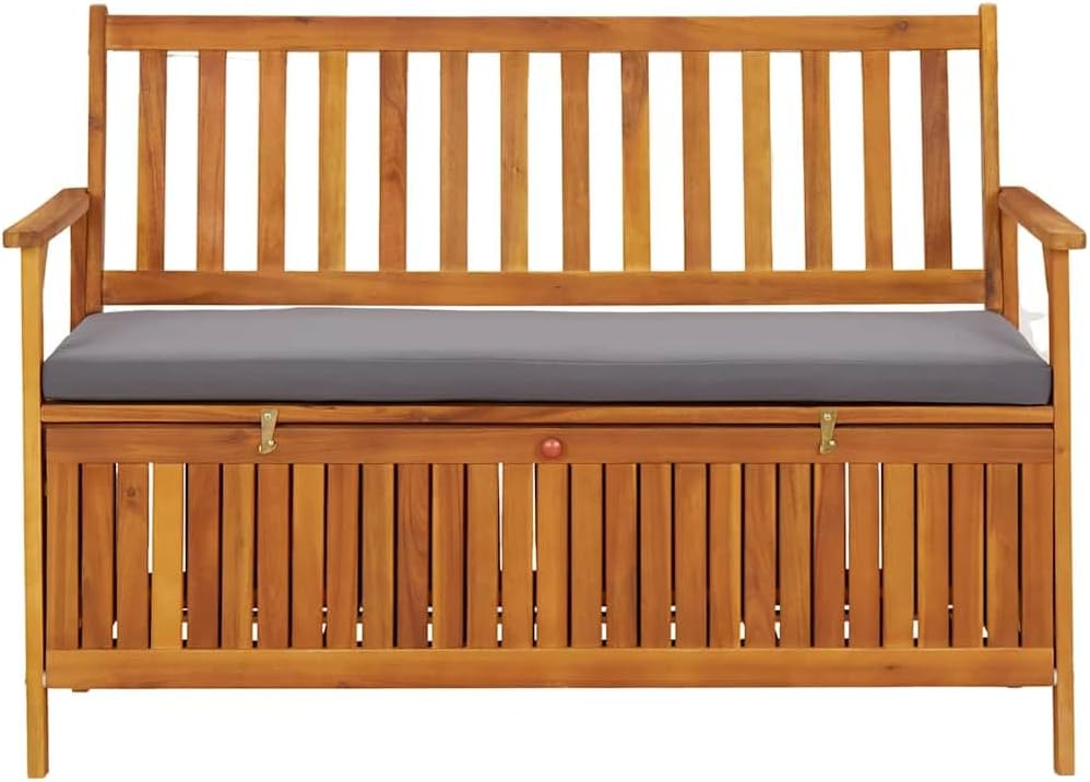 Patio Storage Bench with Cushion, 47.2 Inch Solid Acacia Wood Outdoor Garden Seating with Hidden Compartment, Gray