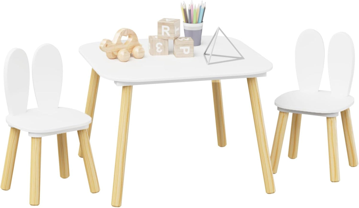 Kids Table and 2 Chairs Set, 3 Piece Wooden Toddler Table and Chair Set, White Activity Play Table and Chairs for Kids, Children's Art Desk Set (Rabbit Theme)
