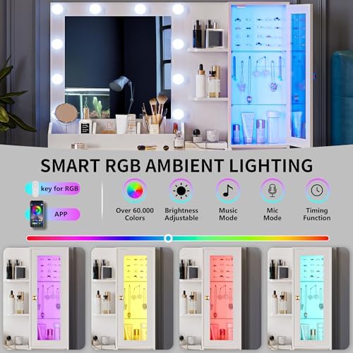 Vanity Desk with Mirror and Lights, Makeup Vanity Table Set with 5 Storage Drawers, Power Outlet & Chair, Small Dressing Table with RGB Ambient Light, Adjustable Brightness for Girls Bedroom, White