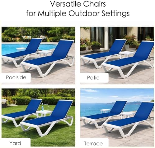 Kozyard Outdoor Chaise Lounge Chair, Full Flat Adjustable Patio Lounger with Aluminum Frame & Resin Legs, Textilene Fabric for Poolside, Backyard & Beach (Blue, Chair + Table)