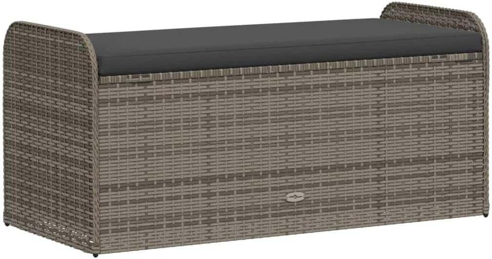 Outdoor Storage Bench with Cushion, 45.3 Inch Patio Deck Box Seat, Weather-Resistant Poly Rattan Furniture with Gas Spring Lid, Gray