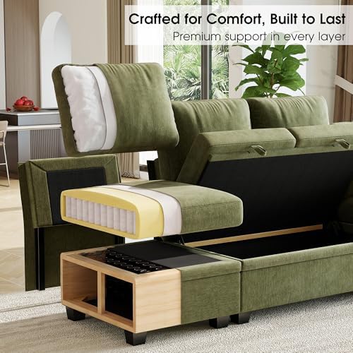 107.8" Modular Sectional Sleeper Sofa with Pull Out Bed, U Shaped 7 Seat Couch with 221L Storage, Convertible Cloud Couch Bed with Ottoman, Sectional Couches for Living Room, Apartment (Green)