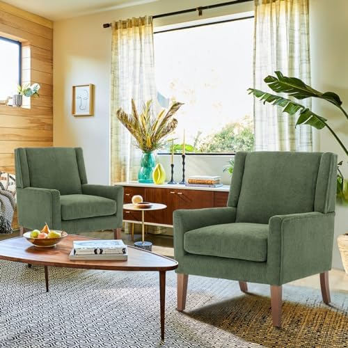 COLAMY Modern Wingback Living Room Chair, Upholstered Fabric Accent Armchair, Single Sofa Chair with Lounge Seat and Wood Legs for Bedroom/Office/Reading Spaces, Green