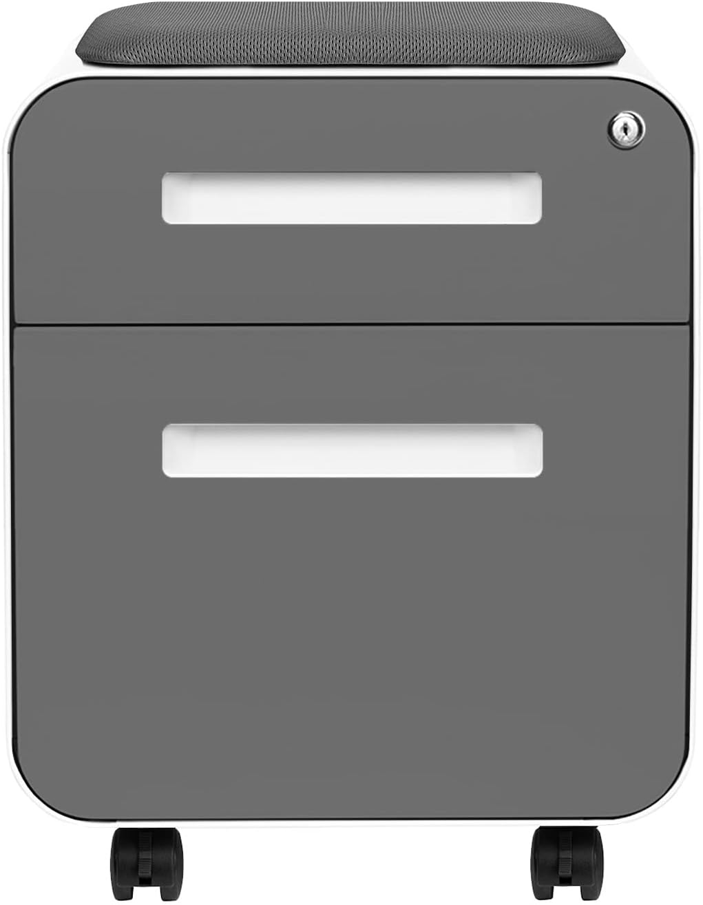 Laura Davidson Furniture STOCKPILE Mini Seated 2 Drawer Mobile File Cabinet with Removable Magnetic Cushion Seat - Short Version, Metal Filing Cabinet, Pre-Assembled, Dark Grey Face with Grey Cushion