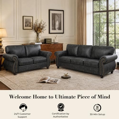 Couchus 88" W 3-Seater Sofa Couch, Faux Leather Fabric Sofas, Grey | Mid-Century Vintage 3-Seater Sofa with Nailhead Trim, Upholstered Couch Set for Living Room Bedroom