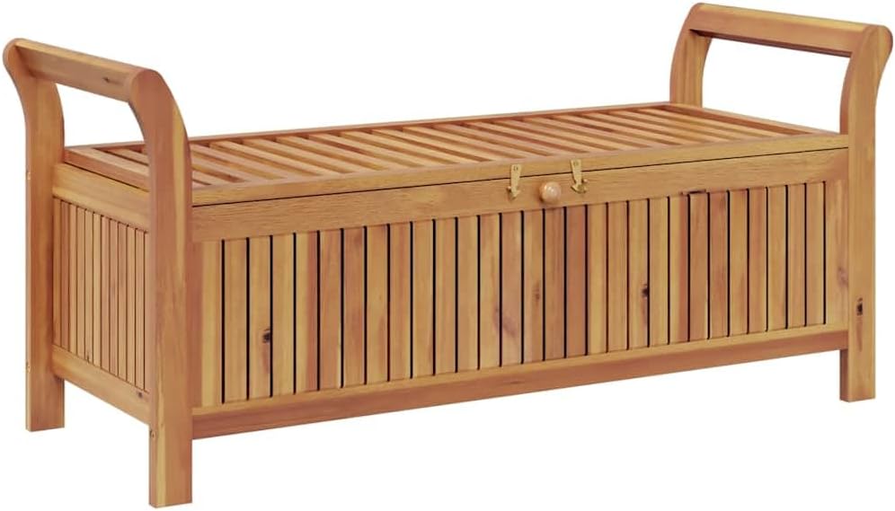 Outdoor Storage Bench with Cushion 49.6 Inch Acacia Wood Garden Seating Organizer for Patio Deck Backyard Gray